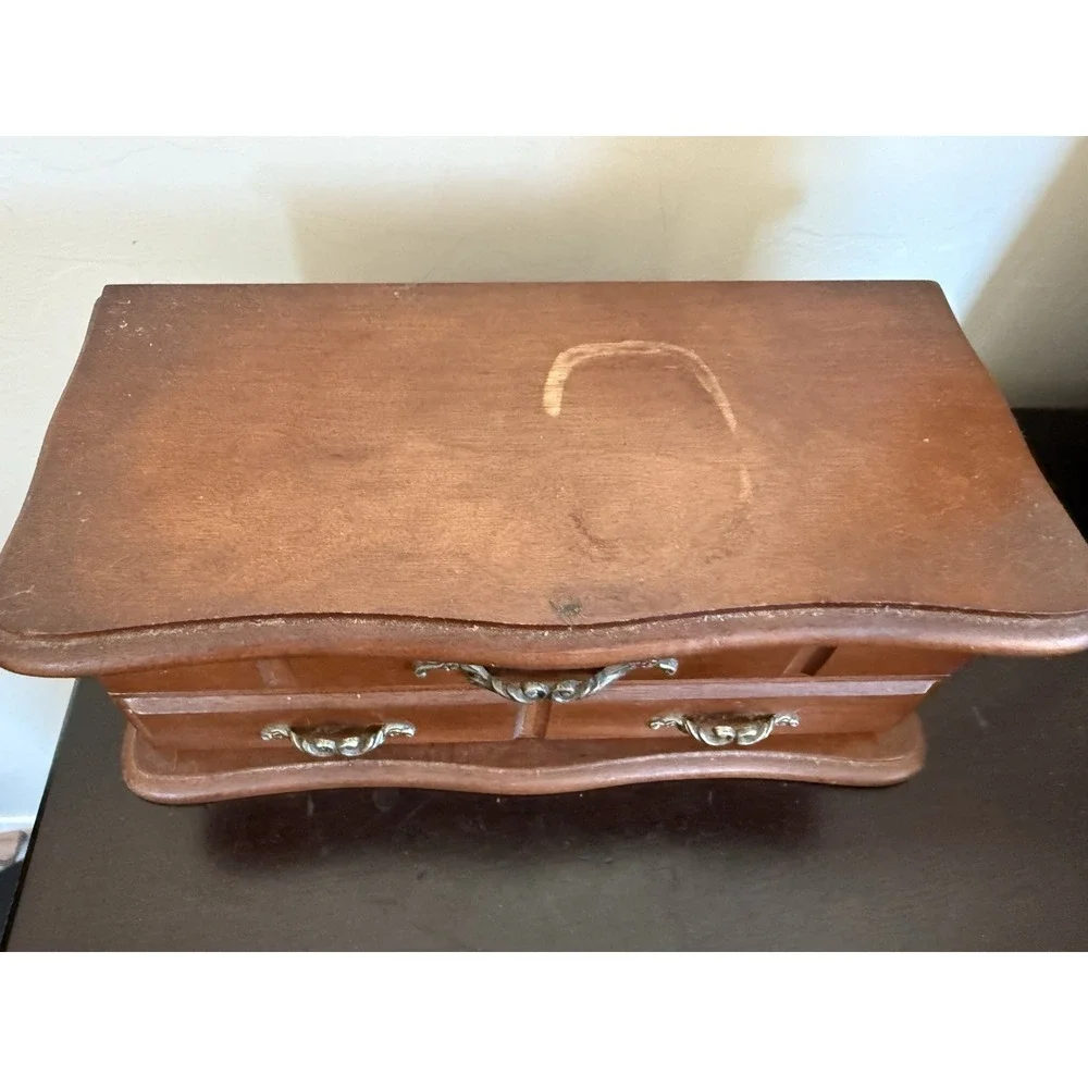 Vintage Wooden Velvet Lined Jewelry‎ Box Drawers Mirror Inside Lid 4 x 5 x  10
